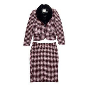 Vertigo Paris Pink and Black Houndstooth Tweed Skirt + Blazer Suit Set